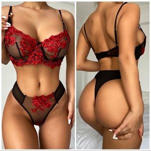 ❤️ NEW Red flowers lace material lingerie …